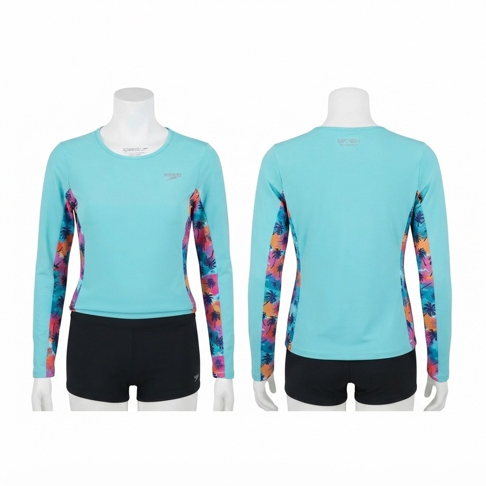 Speedo Rash Guard Girls Kids XL Light Blue Tropical Palm UPF 50+ Long Sleeve